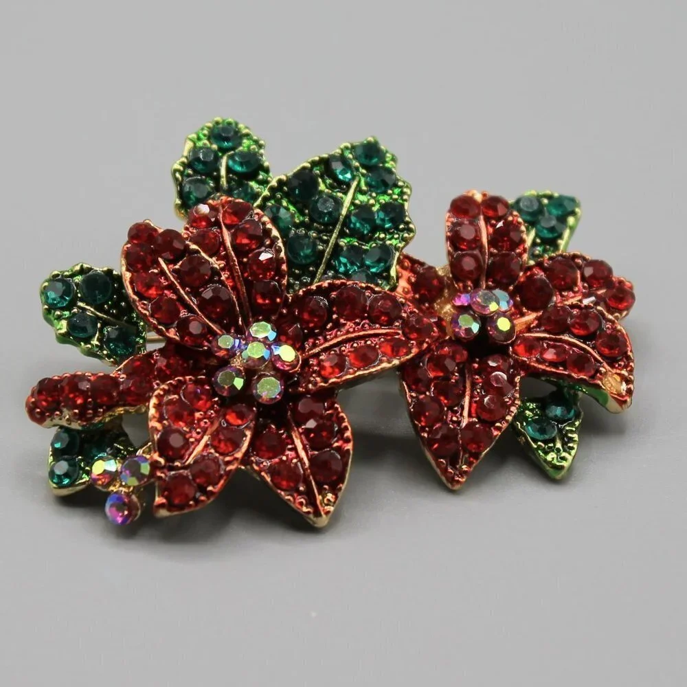 Poinsettia flower pin brooch jewelry Holidays Christmas yellow gold red green